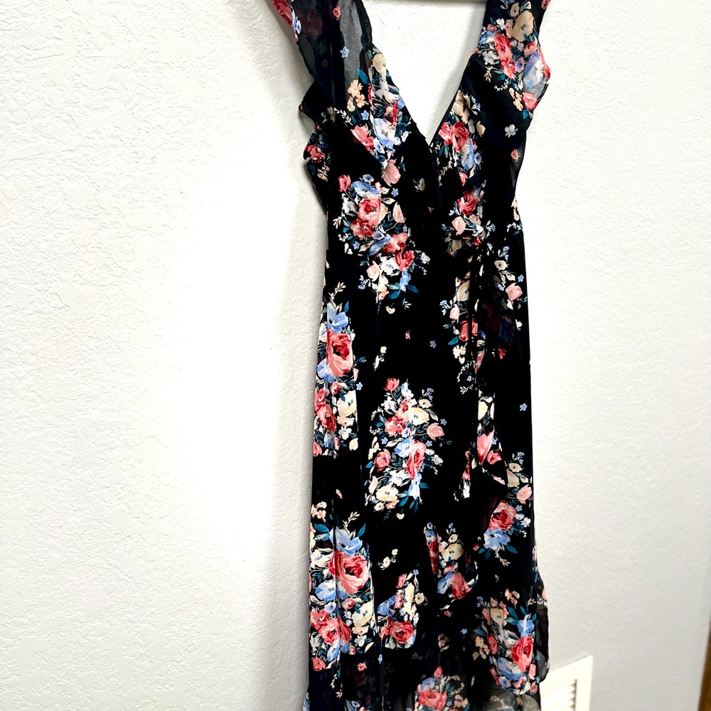 Lily Rose Floral High-Low dress, off the shoulder, deep v-neck